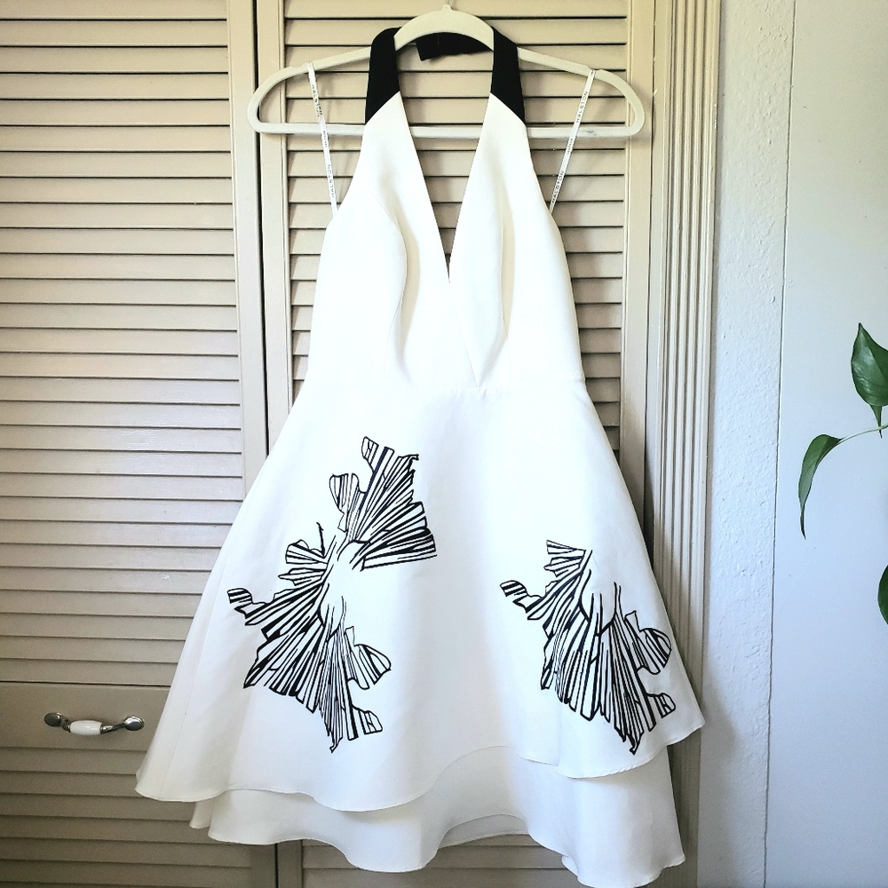 🌱 NWT Halston Heritage A-Line Printed Halter Mini Dress White Size XS/2 - Picture 2 of 12